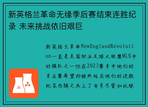 新英格兰革命无缘季后赛结束连胜纪录 未来挑战依旧艰巨